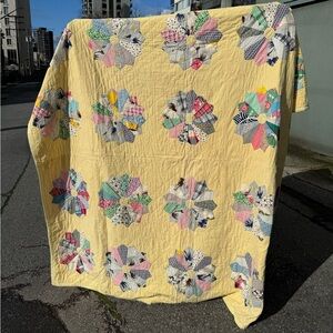 Antique Patchwork Feedsack Quilt with Yellow Base